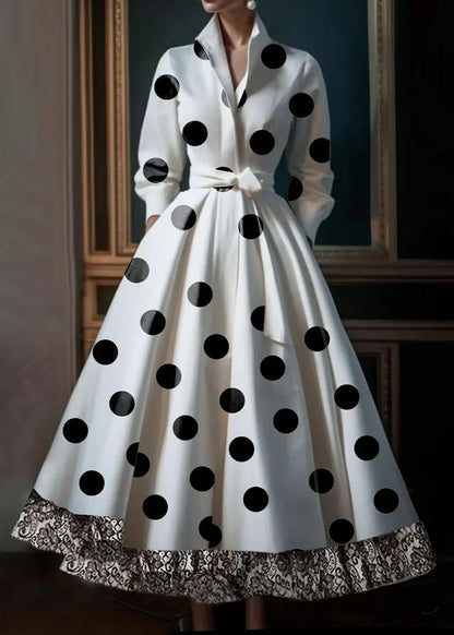 Pointed Collar Long Sleeve Polka Dot Lace Border Shirtwaist Midi Dress
