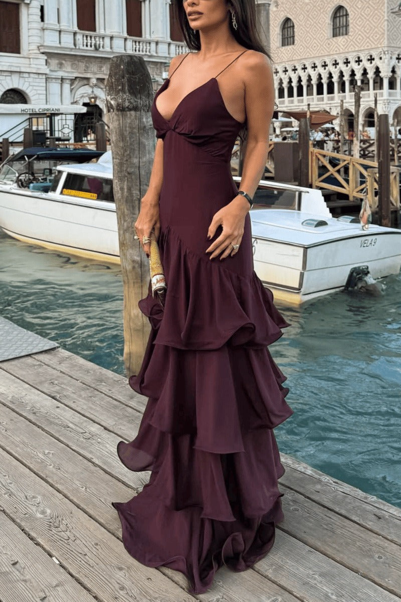 Deep V Tube Waist Cami Cake Maxi Dress