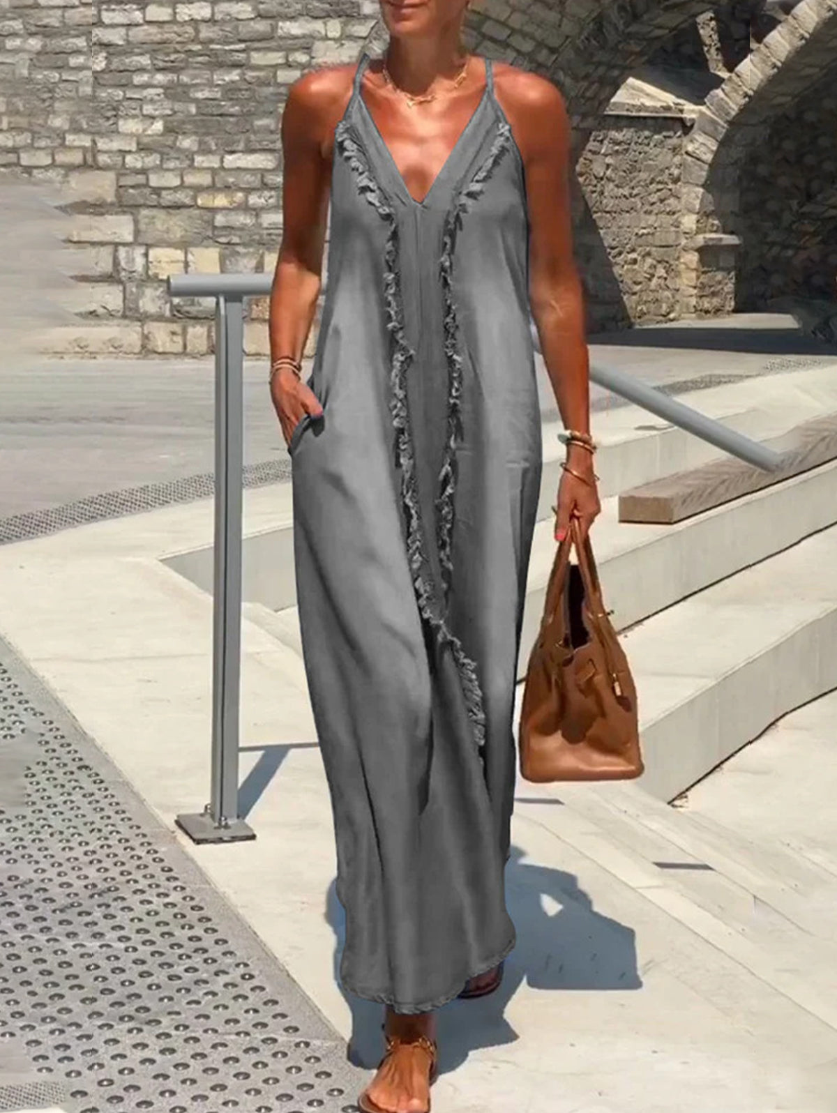 Deep V Neck Spaghetti Strap Frayed Trim Side Pocket Maxi Dress