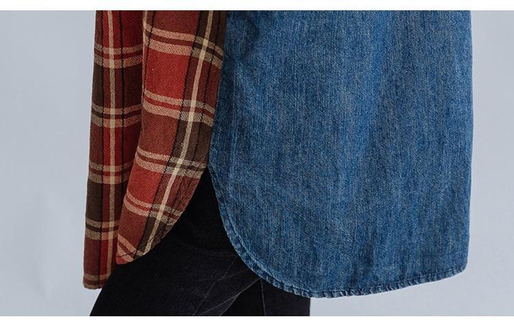 Denim Plaid Asymmetric Patchwork Longline Button Shirt Dress
