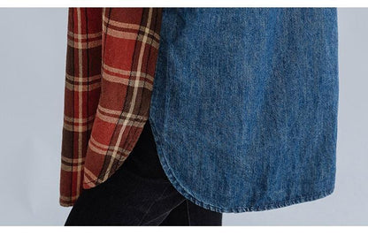 Denim Plaid Asymmetric Patchwork Longline Button Shirt Dress