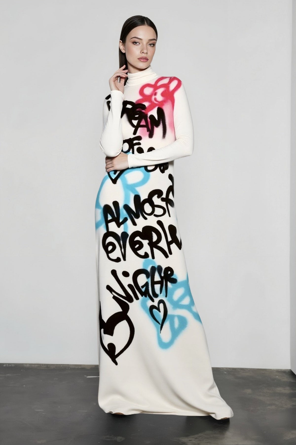 Mock Neck Long Sleeve Graffiti Print Maxi Dress