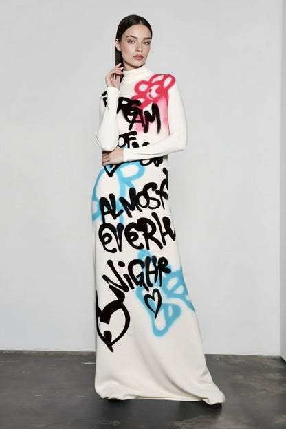 Mock Neck Long Sleeve Graffiti Print Maxi Dress