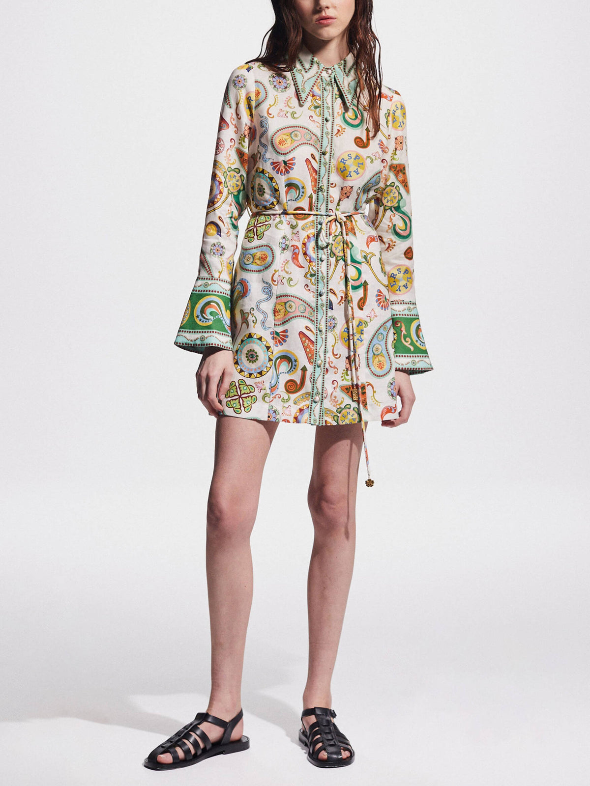 Paisley Print Belted Flared Cuff Long Sleeve Shirt Mini Dress