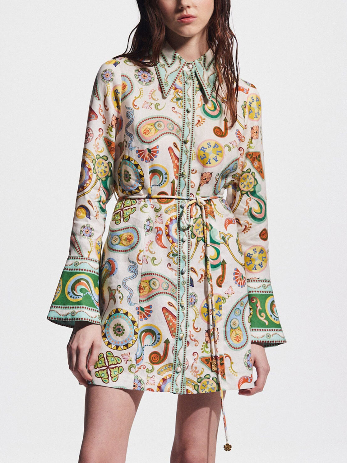 Paisley Print Belted Flared Cuff Long Sleeve Shirt Mini Dress