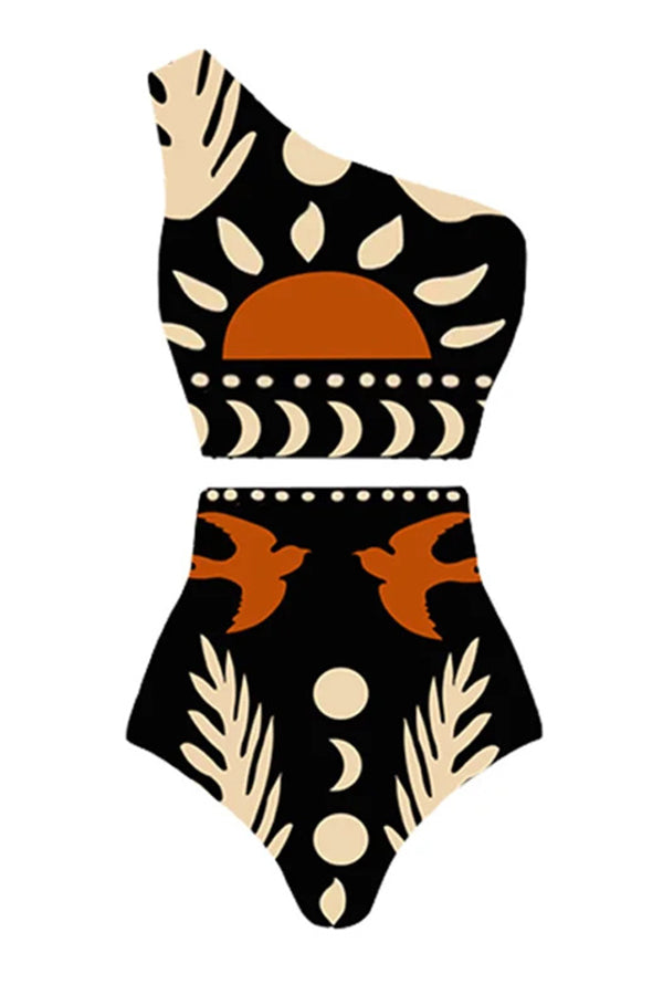 Abstract Art Birds and Sun Print Color Block High Waist Bikini And Skirt