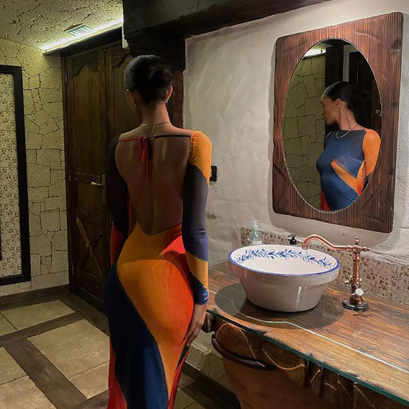 Boat Neck Long Sleeve Fishtail Backless Abstract Print Maxi Dress