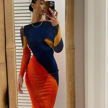Boat Neck Long Sleeve Fishtail Backless Abstract Print Maxi Dress