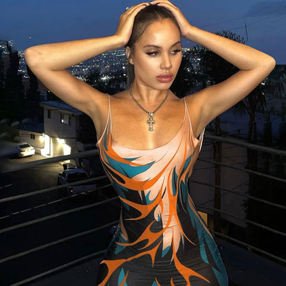 Scoop Neck Spaghetti Strap Abstract Flame Print Bodycon Maxi Dress