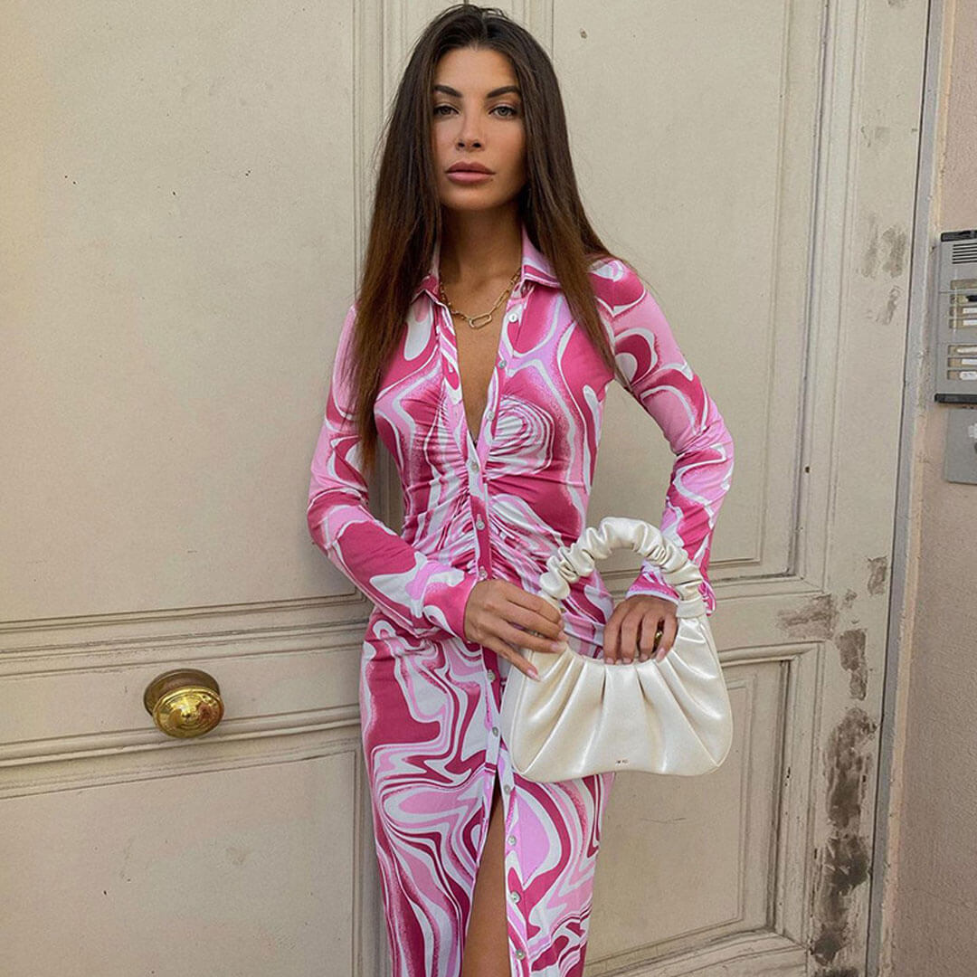 Collar Button Front Ruched Abstract Swirl Print Long Sleeve Shirt Midi Dress