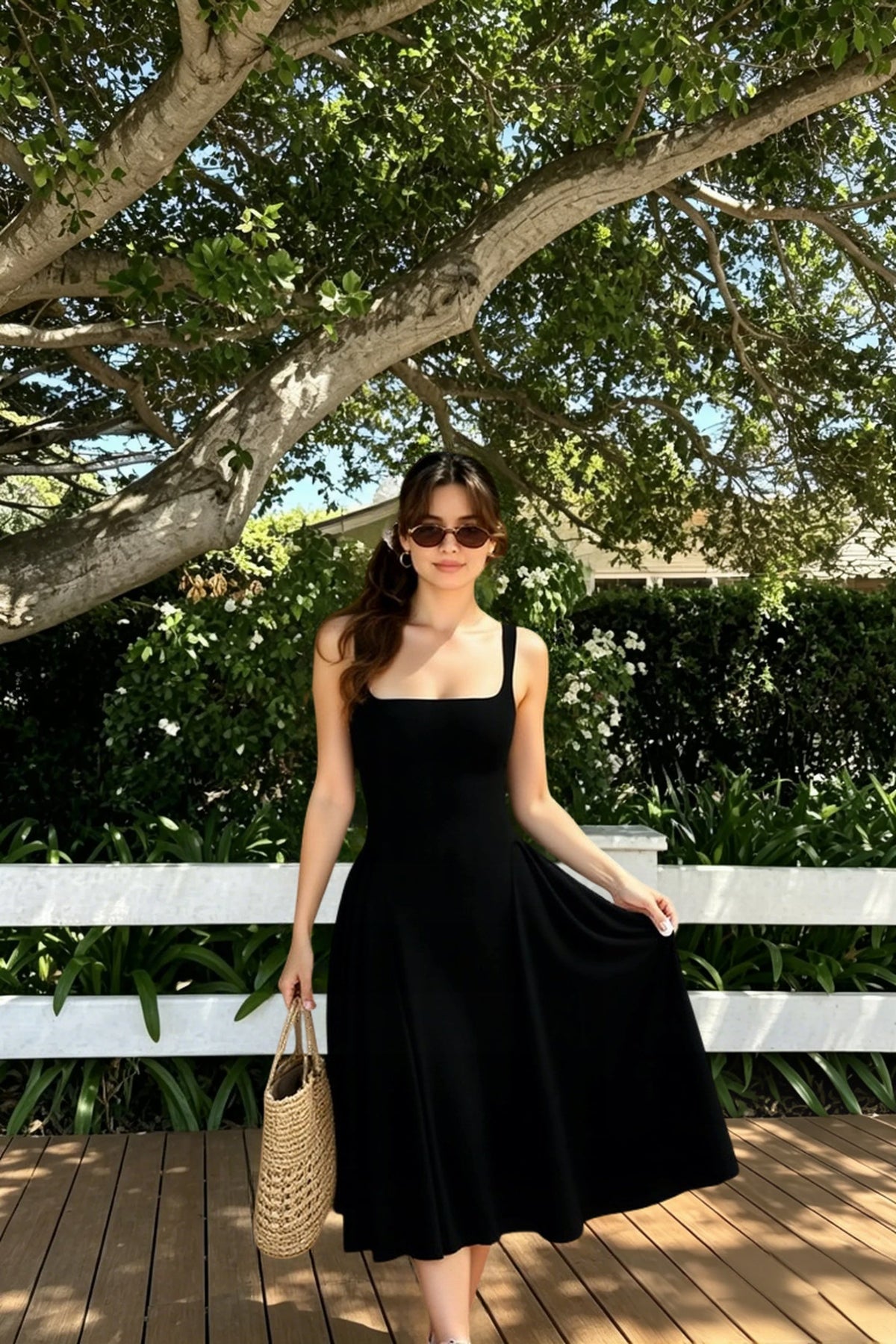 Square Neck Wide Strap Fitted Bodice A-Line Midi Dress