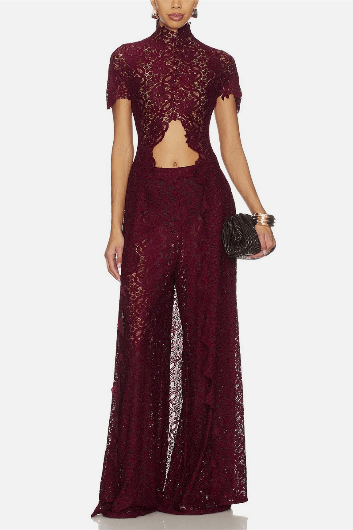 Lace Long Cape Cutout Pants Set