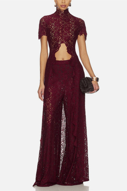 Lace Long Cape Cutout Pants Set
