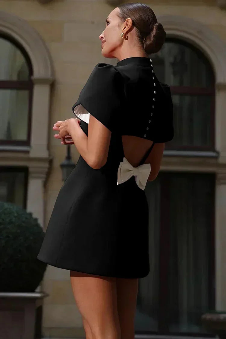 Mock Neck Origami Fold Puff Sleeve Princess Seam Fit and Flare Mini Dress