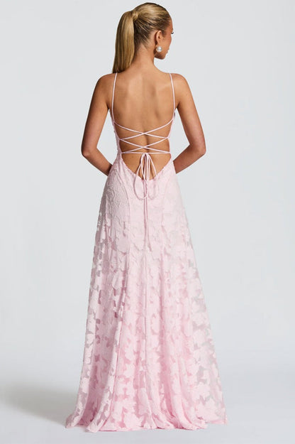 Square Neck Spaghetti Strap Ruched Burnout Floral Lace Maxi Dress