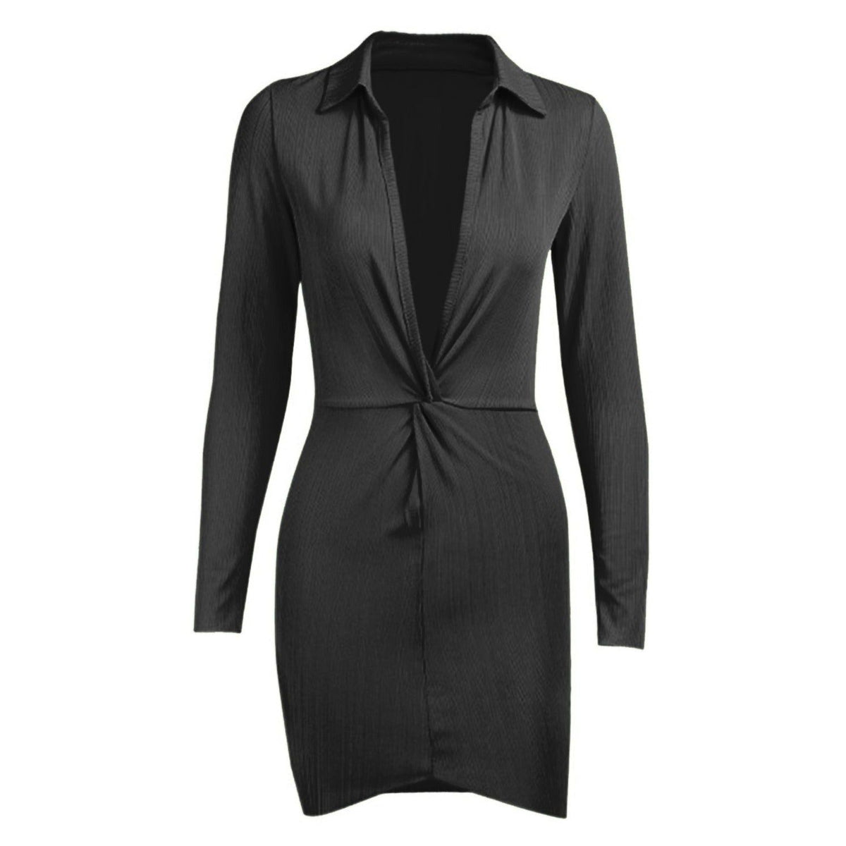 Plunging V-Neck Collar Twist Waist Ribbed Long Sleeve Mini Dress