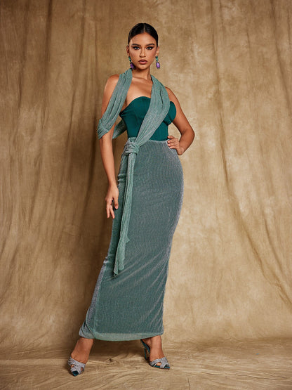 Sweetheart Neck Corset Asymmetric Draped Knot Waist Crinkle Texture Maxi Dress