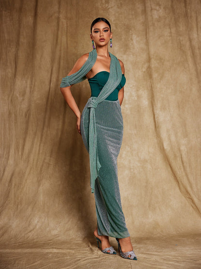 Sweetheart Neck Corset Asymmetric Draped Knot Waist Crinkle Texture Maxi Dress
