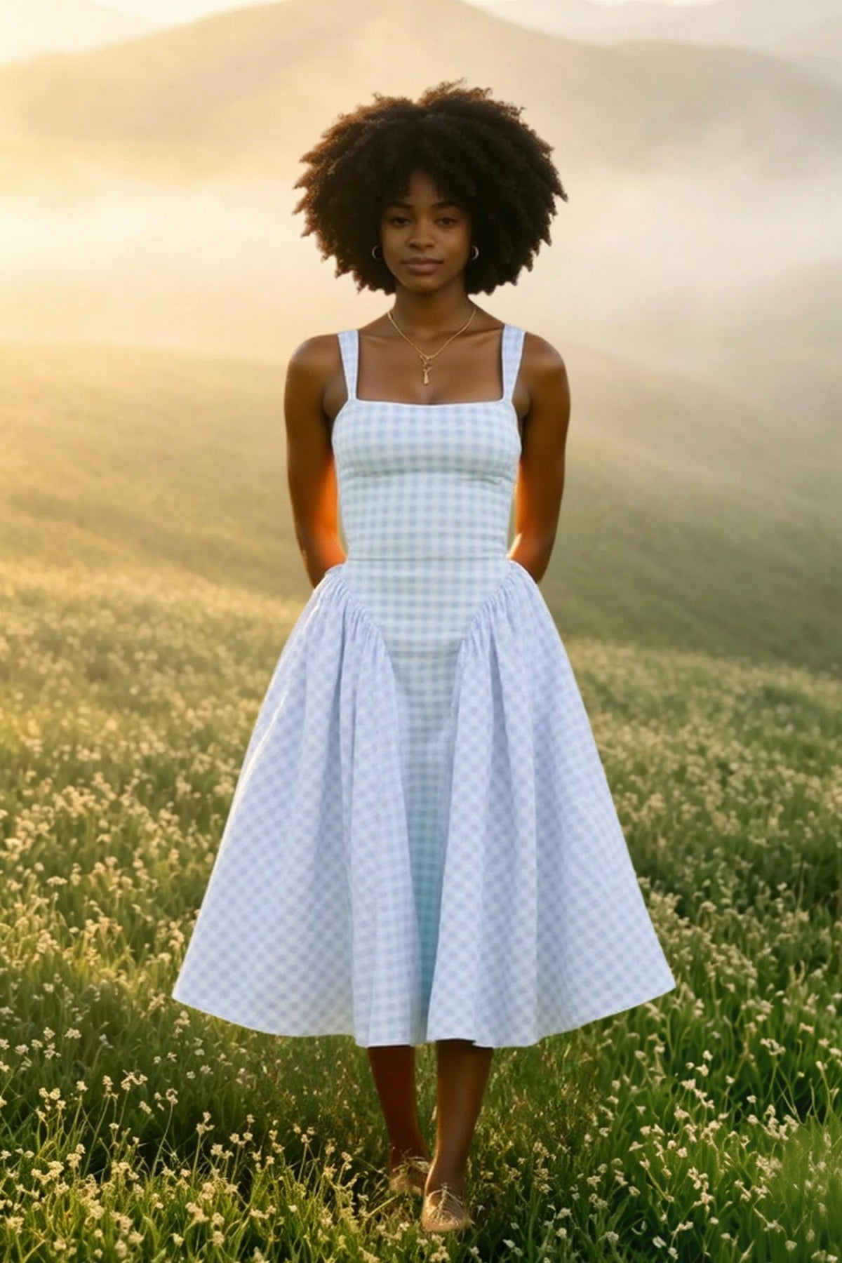 Square Neck Dropped Point Waist Gingham Check Fit and Flare Midi Dress