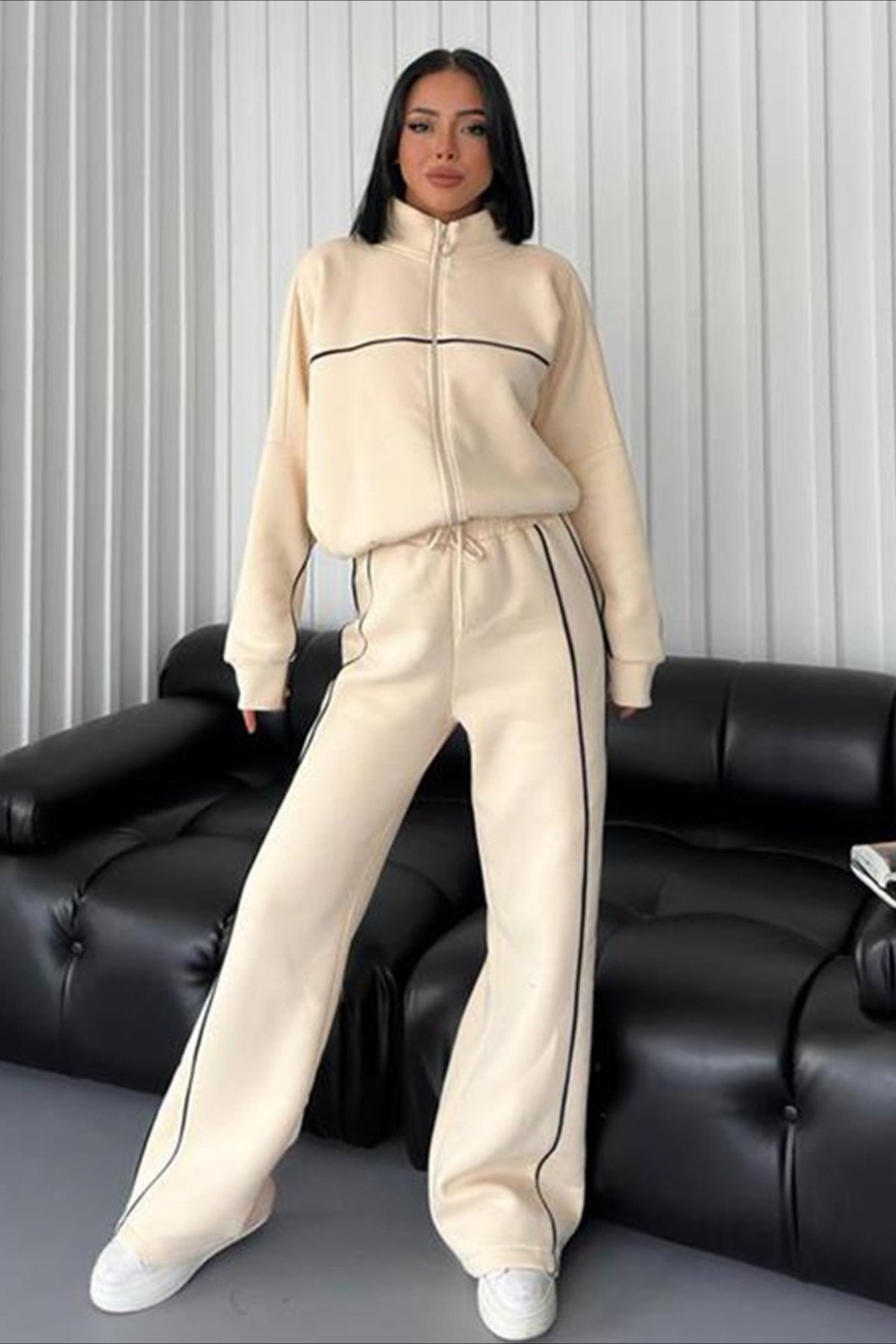 Mock Neck Zip Hoodie Stripe Pants Activewear Set