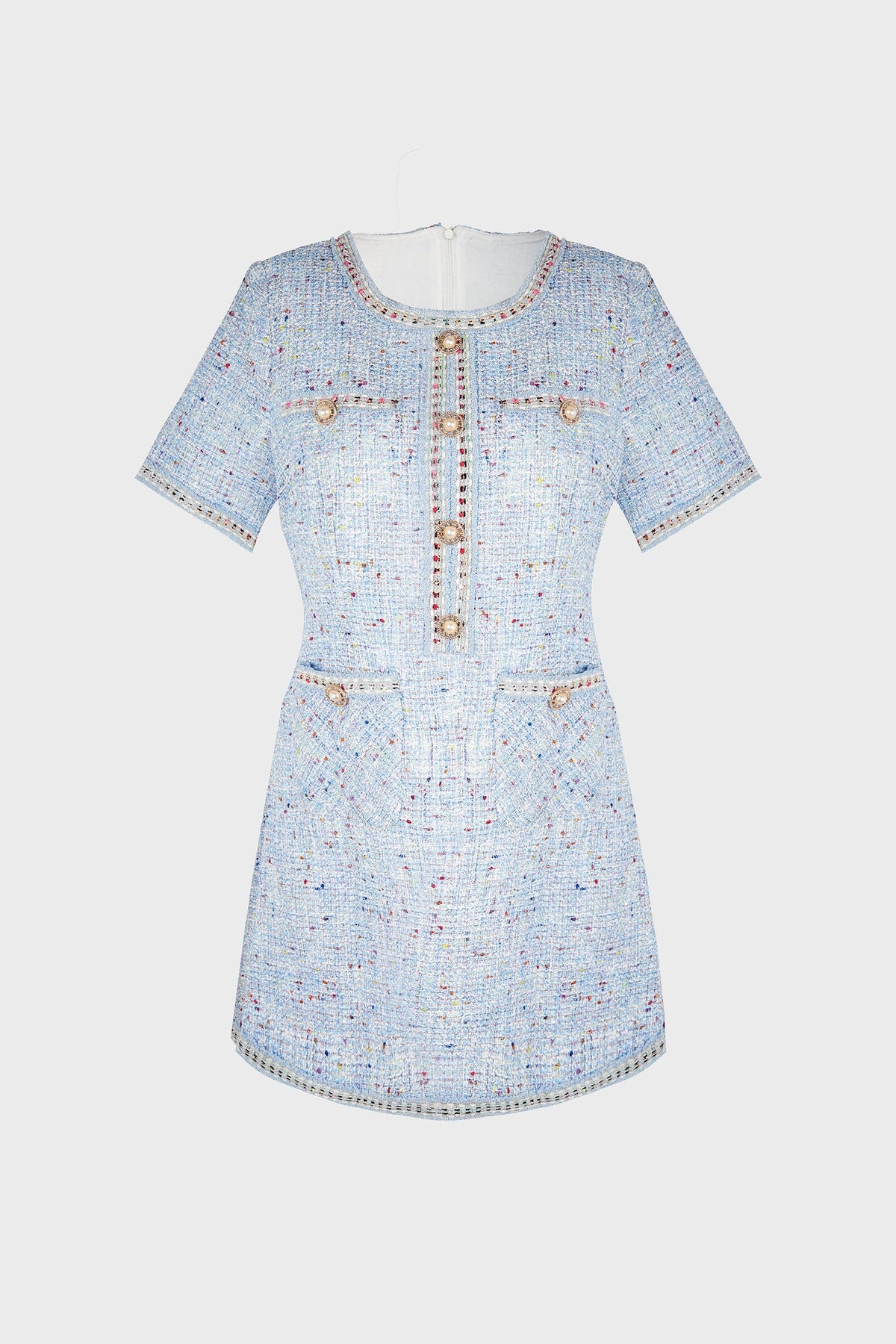 Round Neck Tweed Button Front Flap Pocket Braided Trim Mini Dress