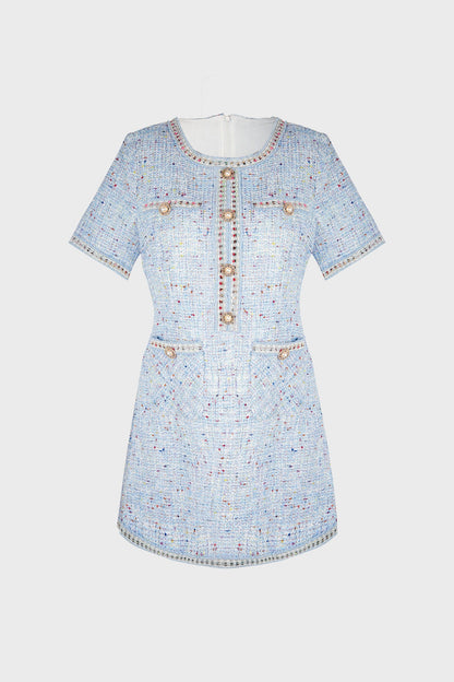 Round Neck Tweed Button Front Flap Pocket Braided Trim Mini Dress