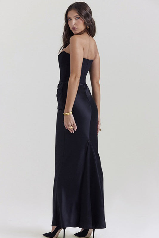 Strapless Corset Boned Ruched Satin Column Maxi Dress