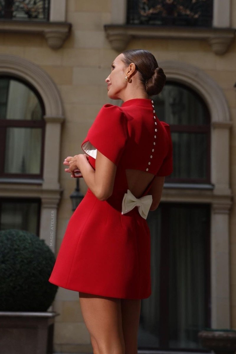 High Neck Puff Sleeve Button Back Cutout Contrast Bow Waist Mini Dress
