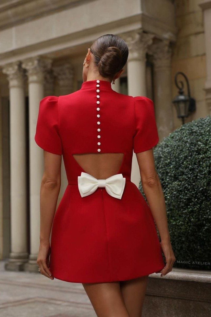 High Neck Puff Sleeve Button Back Cutout Contrast Bow Waist Mini Dress