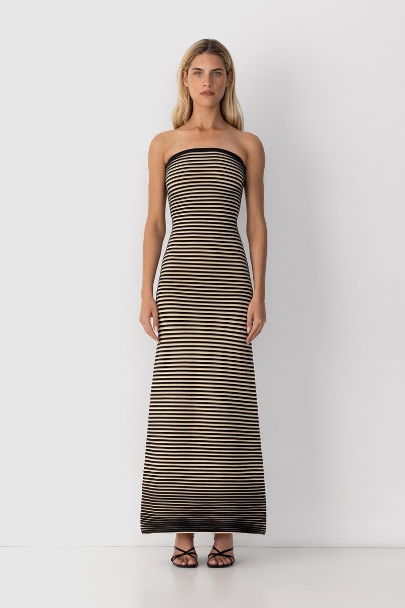 Striped Knit Strapless Bandeau Bodycon Maxi Dress