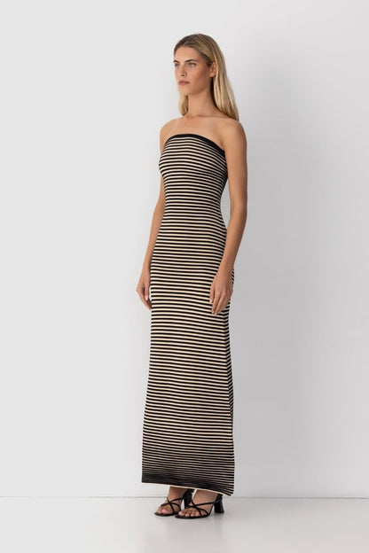 Striped Knit Strapless Bandeau Bodycon Maxi Dress