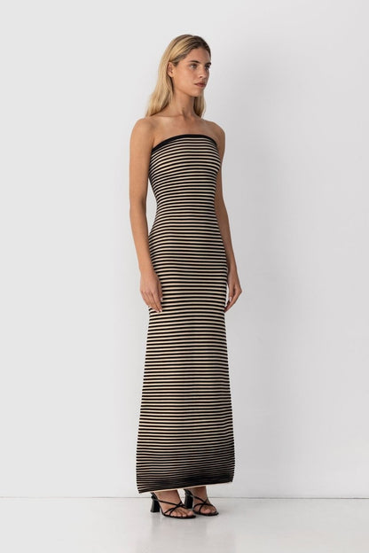 Striped Knit Strapless Bandeau Bodycon Maxi Dress