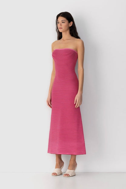 Striped Knit Strapless Bandeau Bodycon Maxi Dress