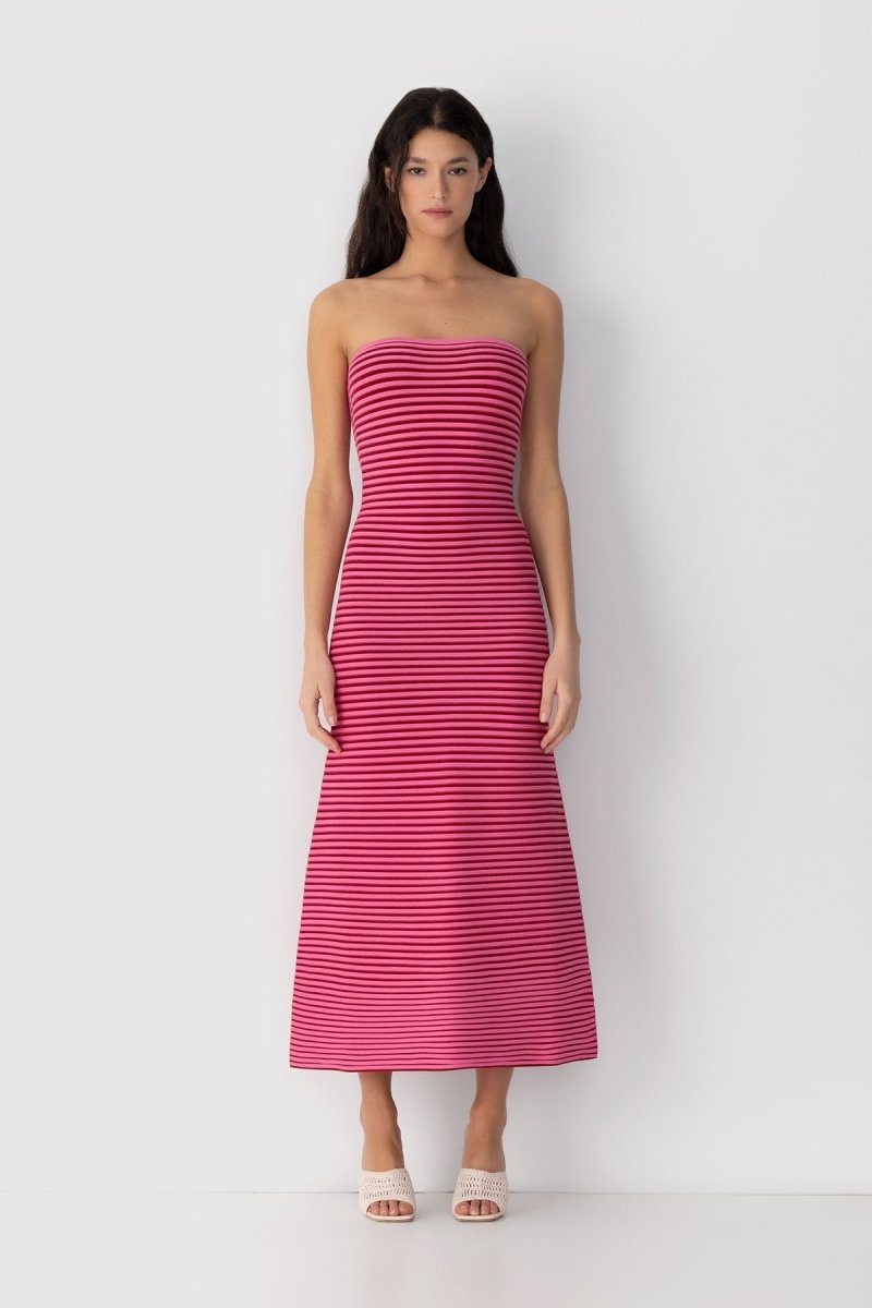 Striped Knit Strapless Bandeau Bodycon Maxi Dress