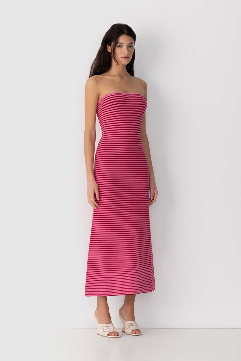 Striped Knit Strapless Bandeau Bodycon Maxi Dress