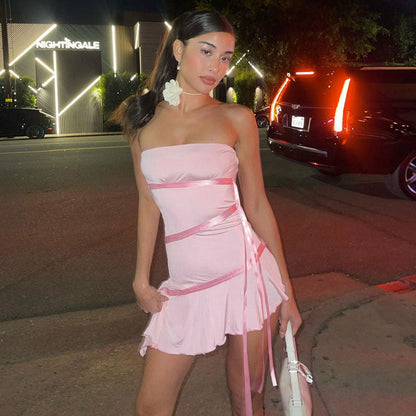 Ribbon Wrap Strapless Ruffle Hem Lettuce Edge Mini Dress
