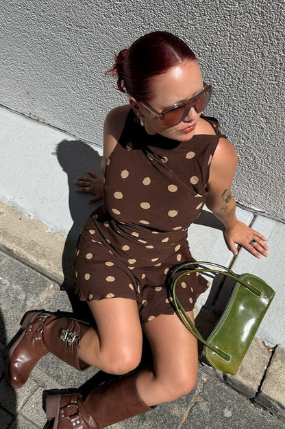 Mock Neck Sleeveless Polka Dot Gathered Bodycon Mini Dress