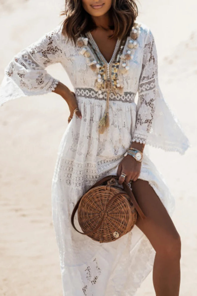 Lace V Neck Hollow Boho Dress