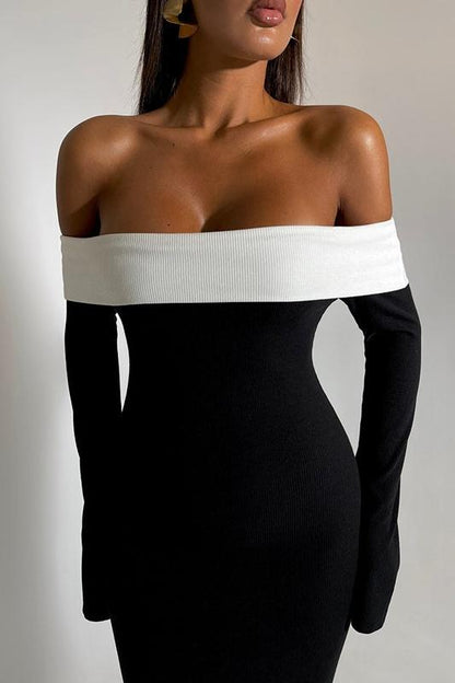 Off Shoulder Contrast Band Long Sleeve Knit Maxi Dress