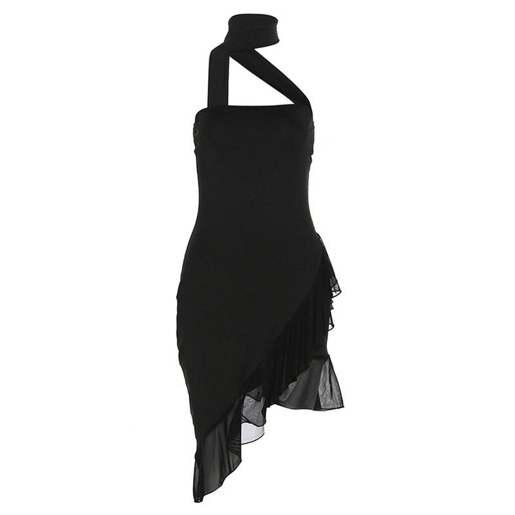 Asymmetric Halter Strap Ruched Lettuce Edge Ruffle Hem Mini Dress