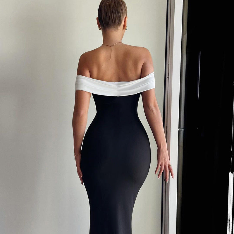 Off Shoulder Fold Over Contrast Bodice Trumpet Maxi Dress