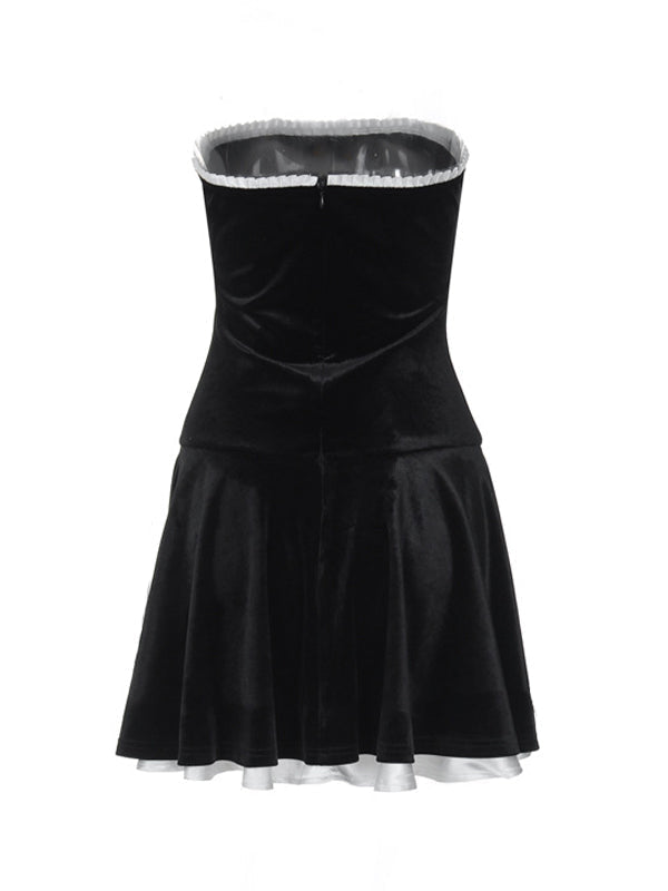 Strapless Pearl Trim Velvet Pleated Skater Mini Dress