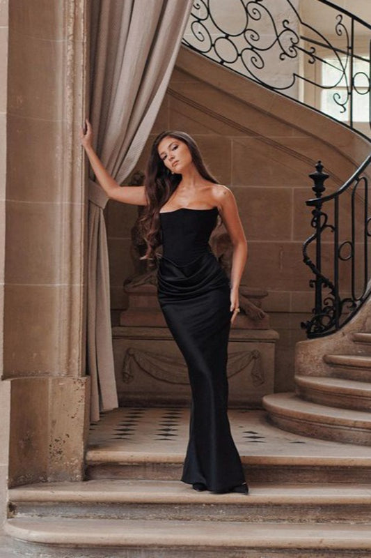 Strapless Corset Boned Ruched Satin Column Maxi Dress