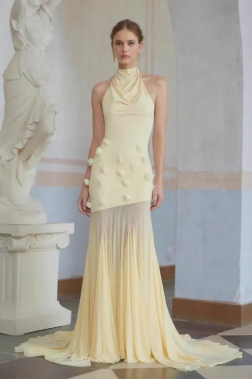 Halter Neck Cowl Drape 3D Rosette Applique Accordion Pleat Train Gown