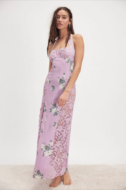 Floral Print Lace Panel Halter Neck High Split Maxi Dress
