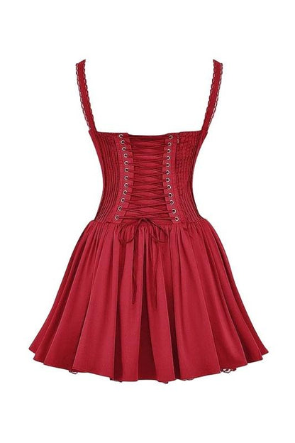 Lace Trim Sweetheart Ruched Bust Corset Bodice Pleated Fit and Flare Mini Dress