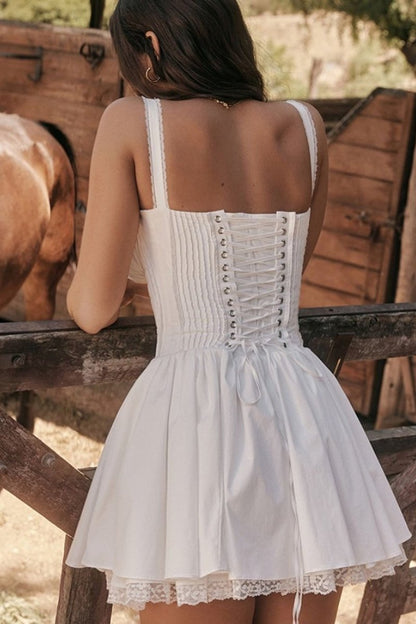 Lace Trim Sweetheart Ruched Bust Corset Bodice Pleated Fit and Flare Mini Dress