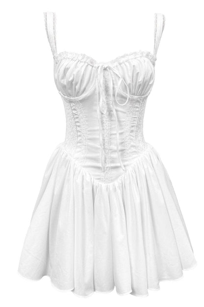 Lace Trim Sweetheart Ruched Bust Corset Bodice Pleated Fit and Flare Mini Dress