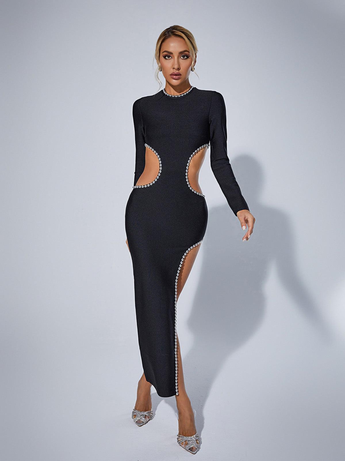 Crew Neck Rhinestone Trim Waist Cutout High Slit Bandage Maxi Dress