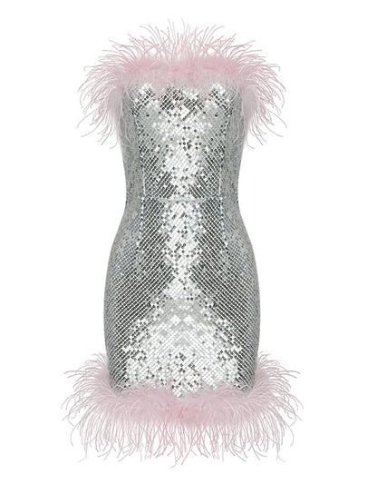 Sequin Strapless Feather Trim Bodycon Mini Dress